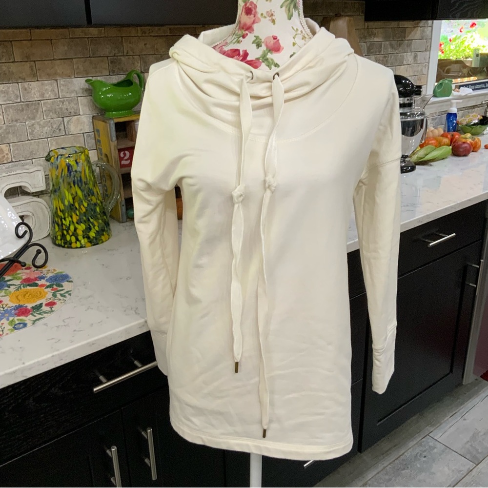 T by Talbots Cream Hoodie Accent Zippers Velvet Drawstring Soft Small Petite